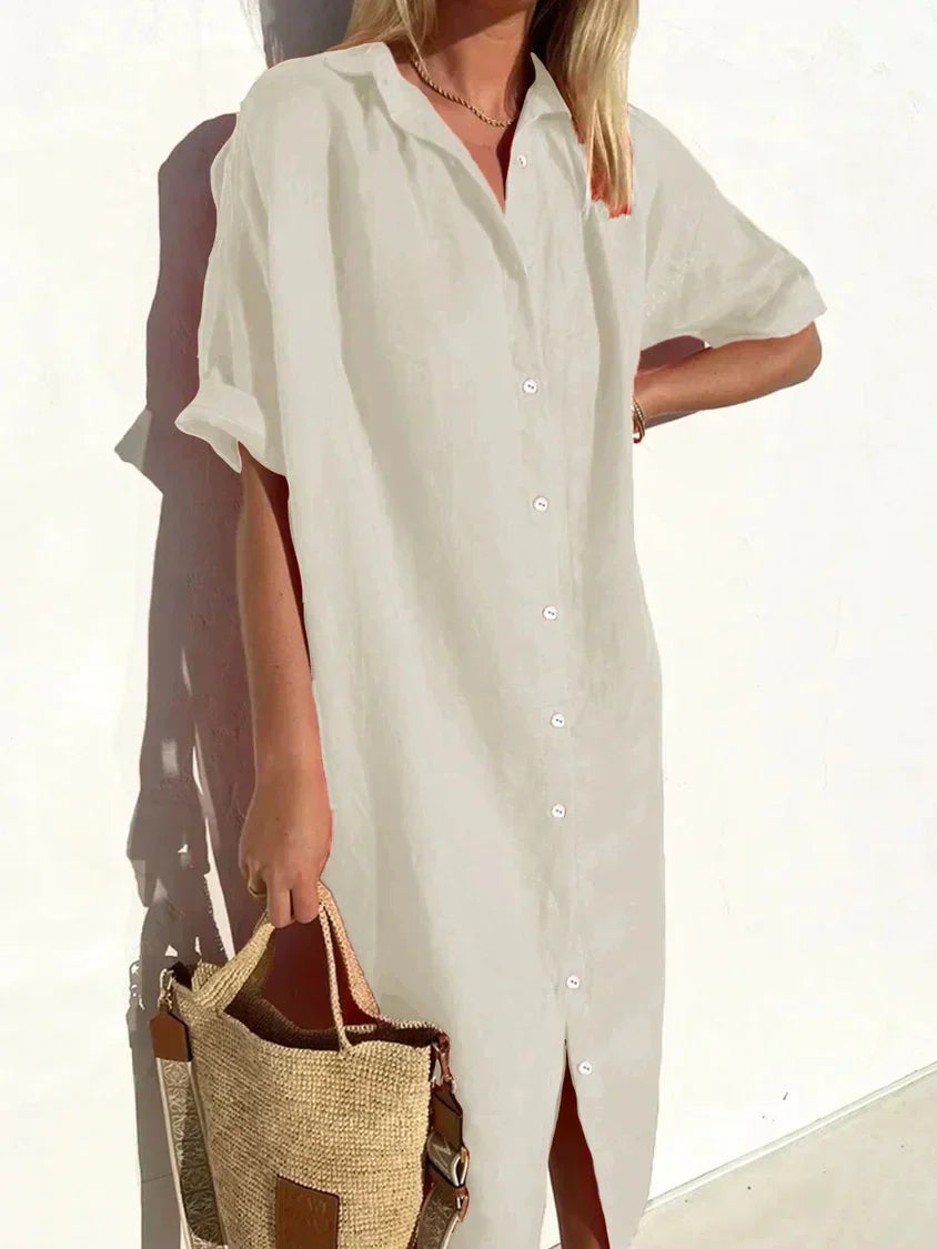 Janie - Elegant Button Closure And Linen Dress
