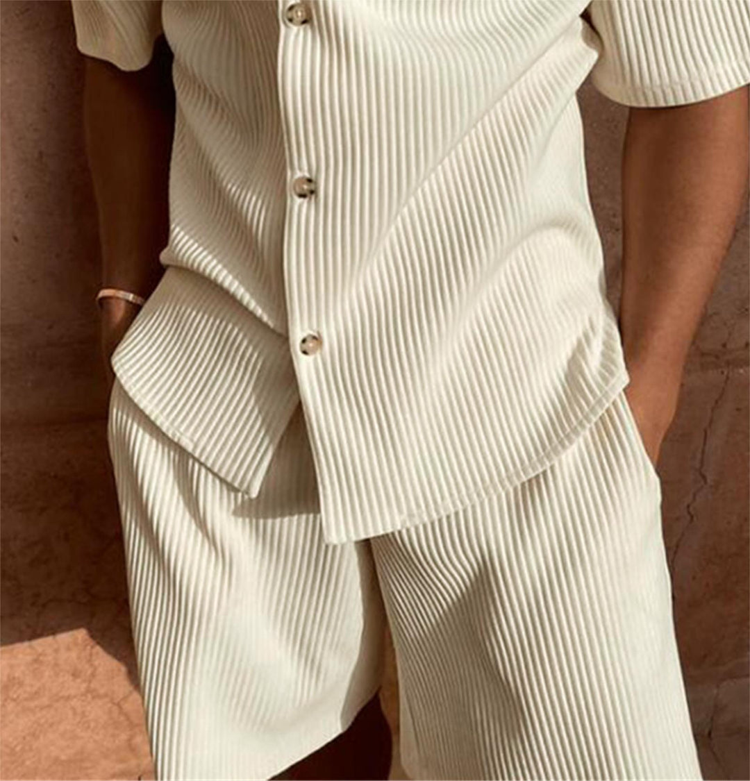 Ardian - Corduroy Short Sleeve Shirt And Shorts Set