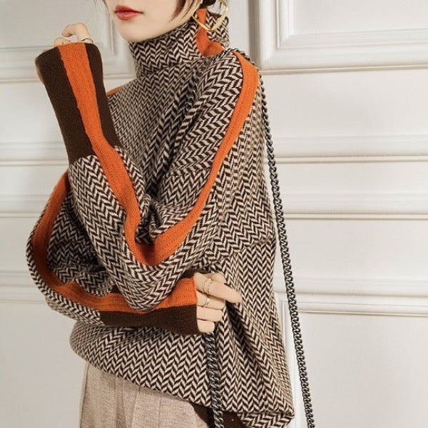 Heidemarie – Mottled Turtleneck Sweater With Striking Contrast Stripe