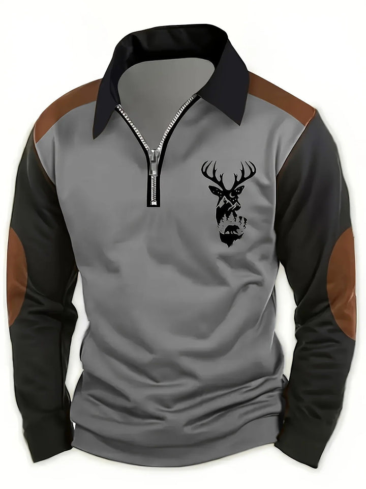 Georges - Deer Head Print And Zip-Up Polo Shirt
