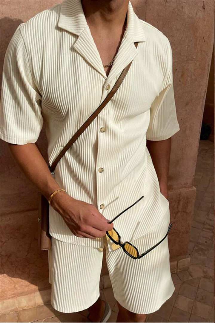 Ardian - Corduroy Short Sleeve Shirt And Shorts Set