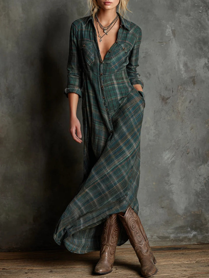 Jaelyn - Maxi Dress With Green Checked Lapels