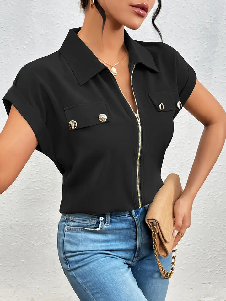 Alfano - Elegant Short Sleeve Blouse With Zipper