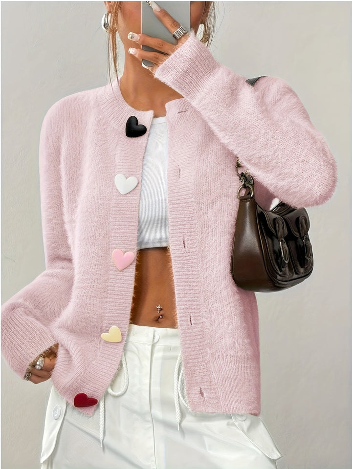 Smelissa - Heart Button Long Sleeve Knitted Cardigan