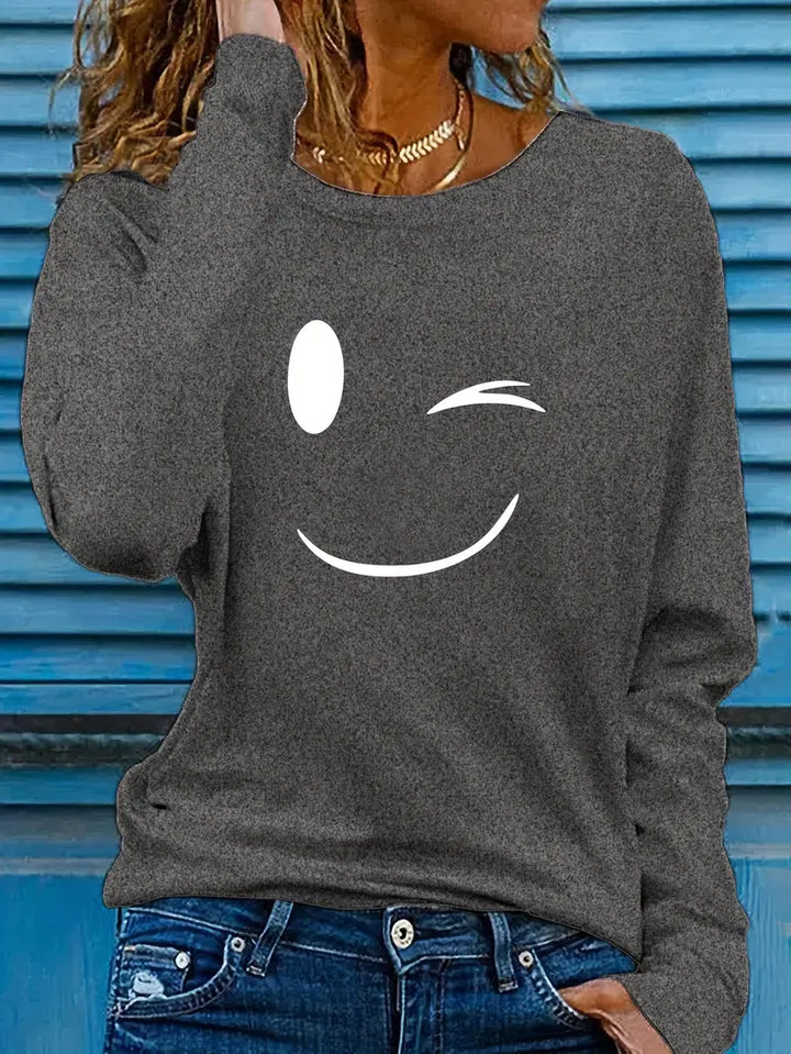 Odalina - Casual Smiley Wink Printed T-Shirt
