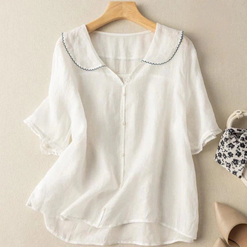 Sotiria - Elegant Linen Short Sleeve Blouse