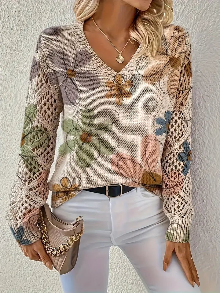 Marzena - Elegant Long Sleeve Sweater With Floral Print