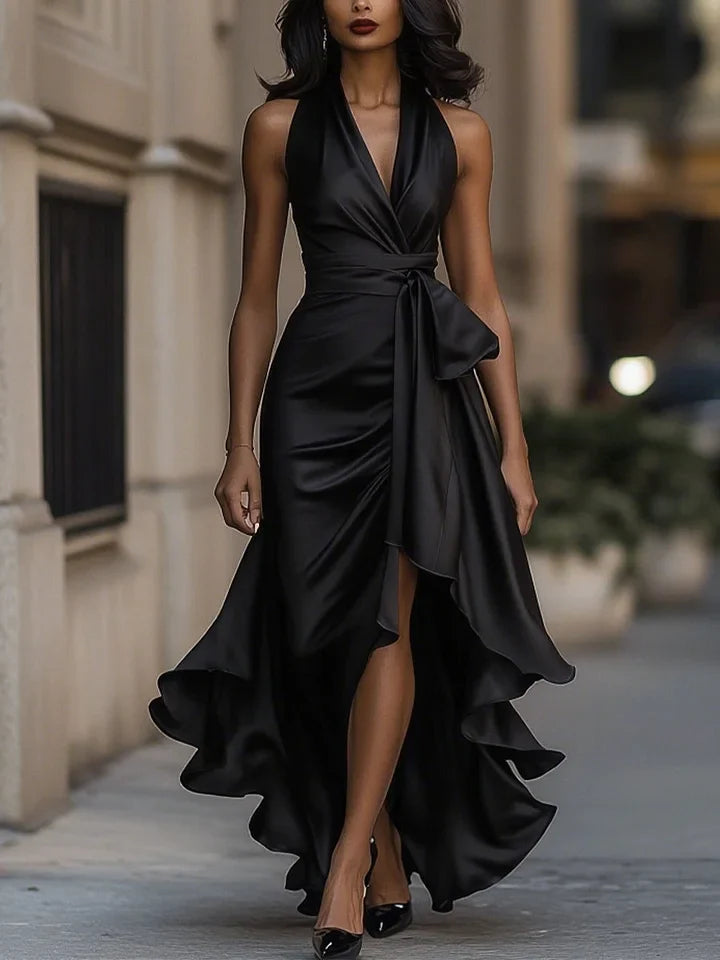 Sharipova - Elegant Satin Strapless Ruffle Dress