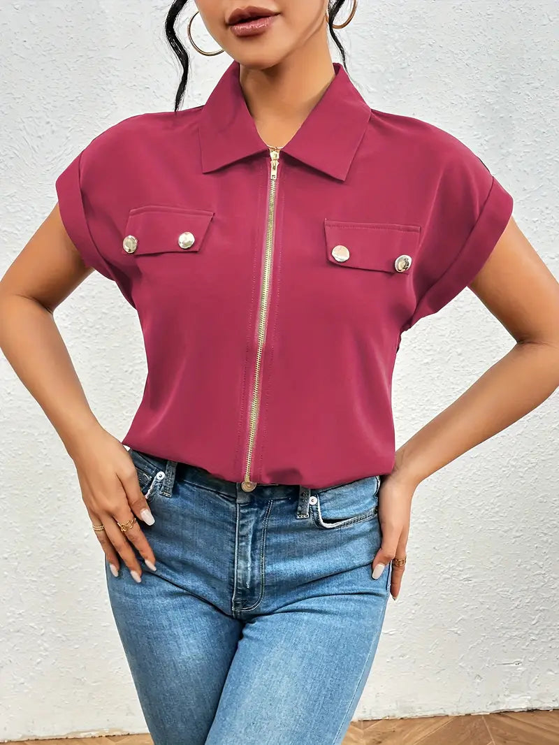 Alfano - Elegant Short Sleeve Blouse With Zipper