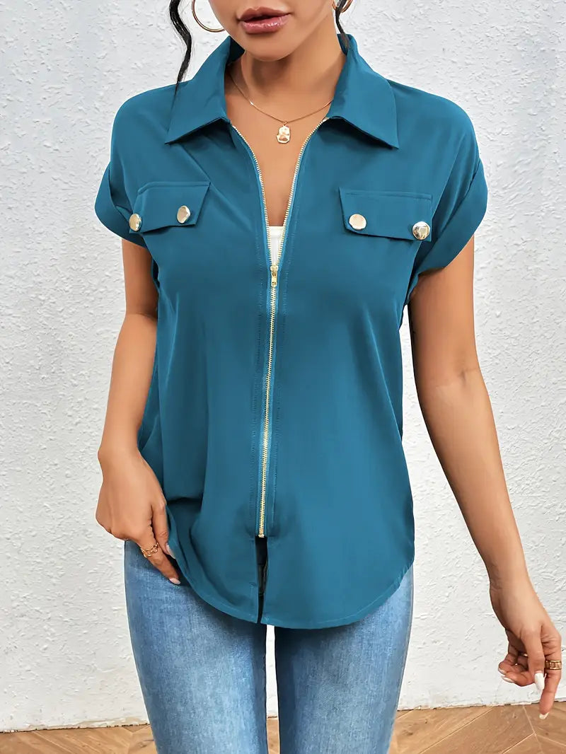 Alfano - Elegant Short Sleeve Blouse With Zipper