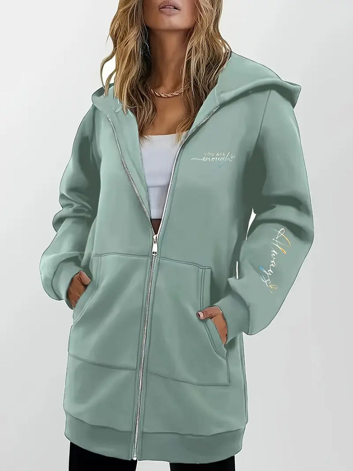 Angeleen - Geometric Print Zip-Up Hooded Jacket