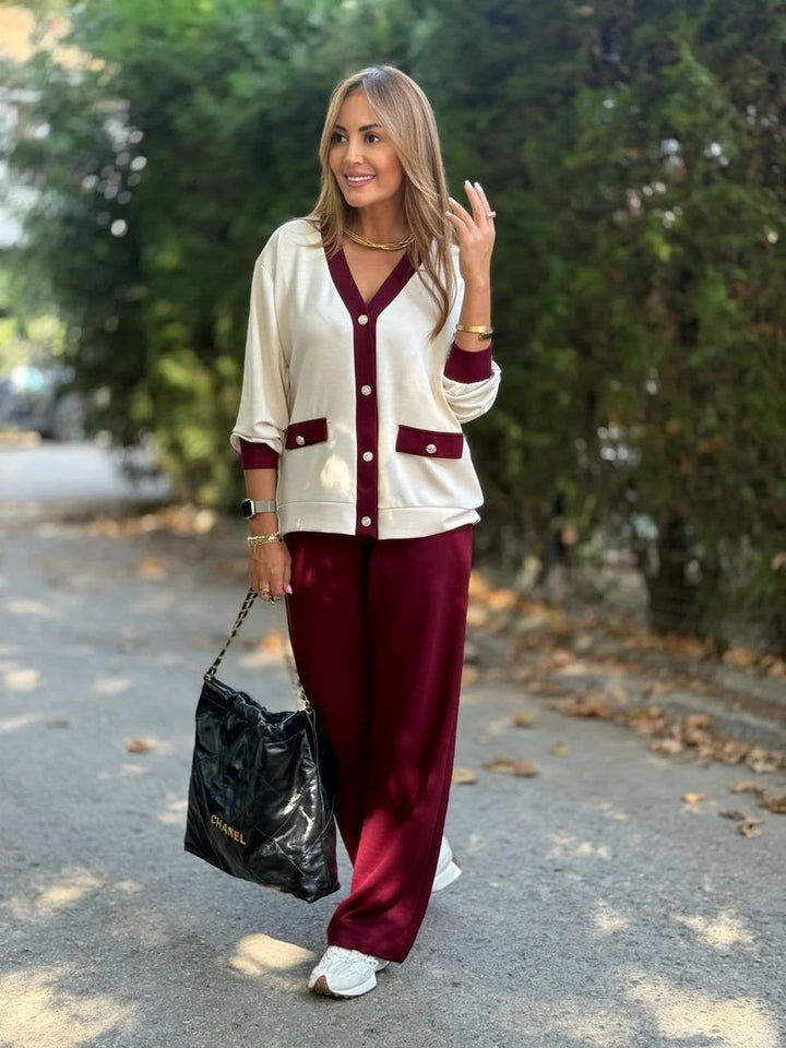 Phaedra - Ribbed Cardigan And Wide Legs Trouser