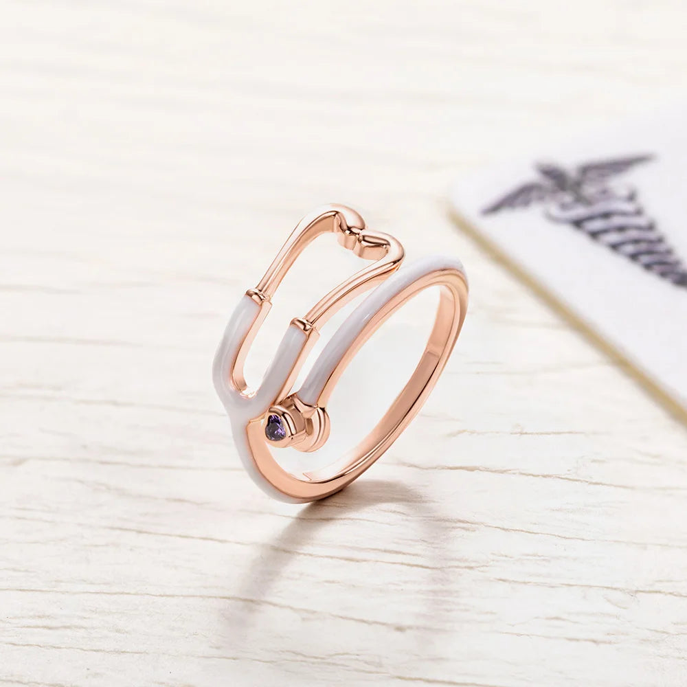 Caitleen - Stethoscope Ring With Heart Birthstone