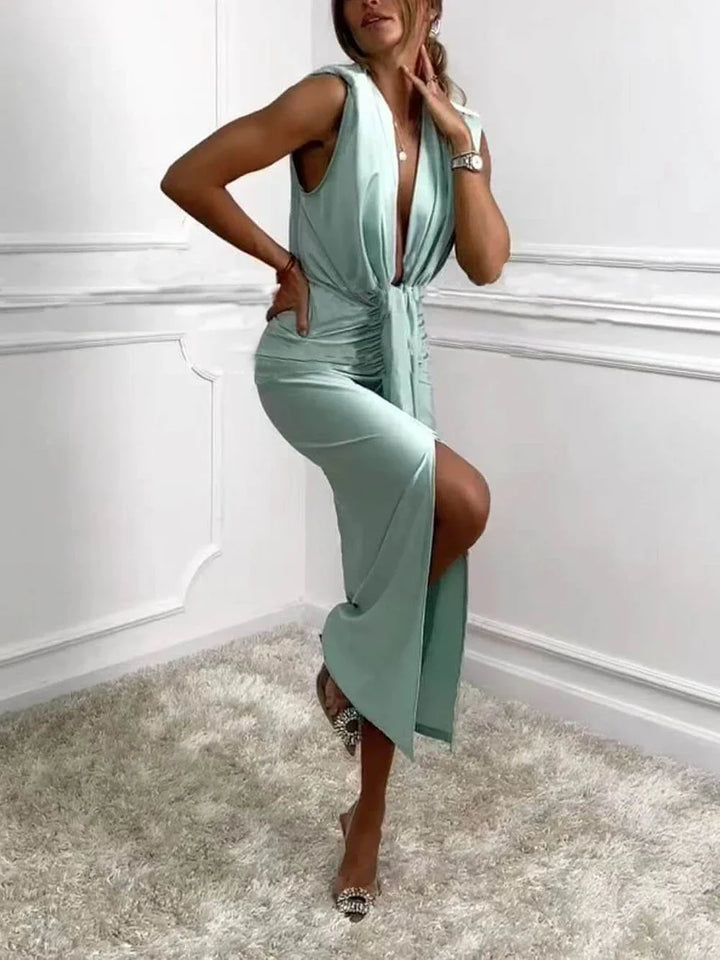 Jolira - Classic Midi Dress With Ruched Draped Slit
