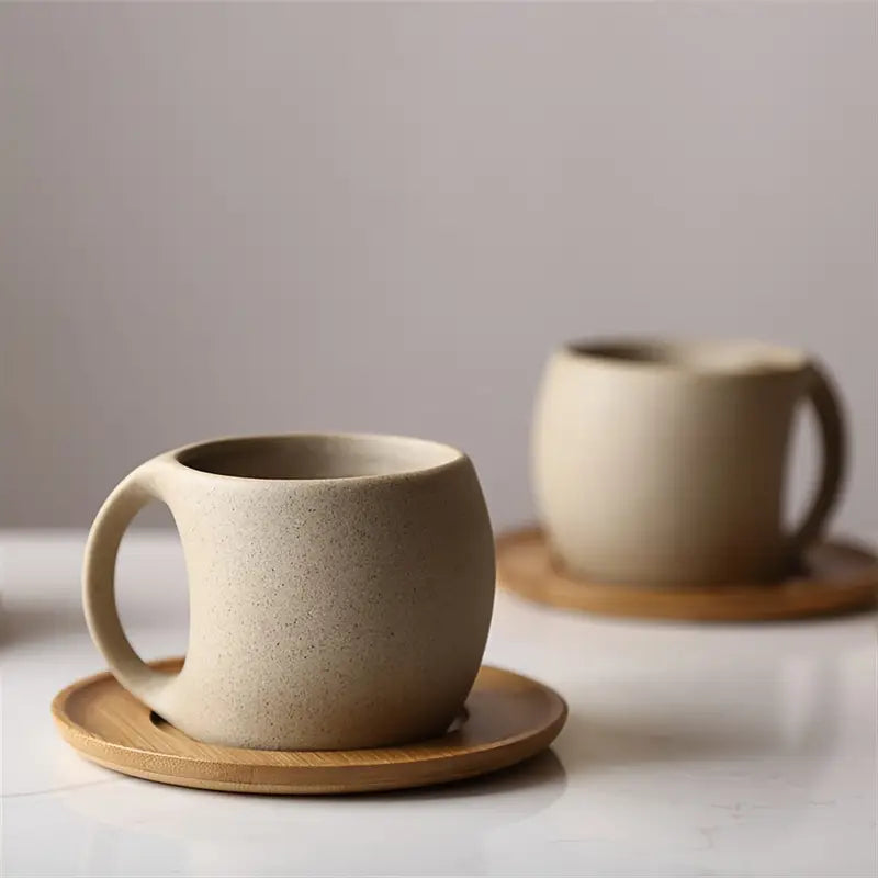 ClayHaven - Ceramic Coffee Mug With Wooden Saucer