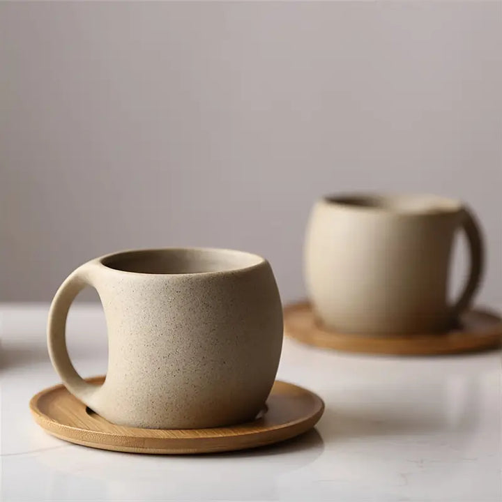 ClayHaven - Ceramic Coffee Mug With Wooden Saucer