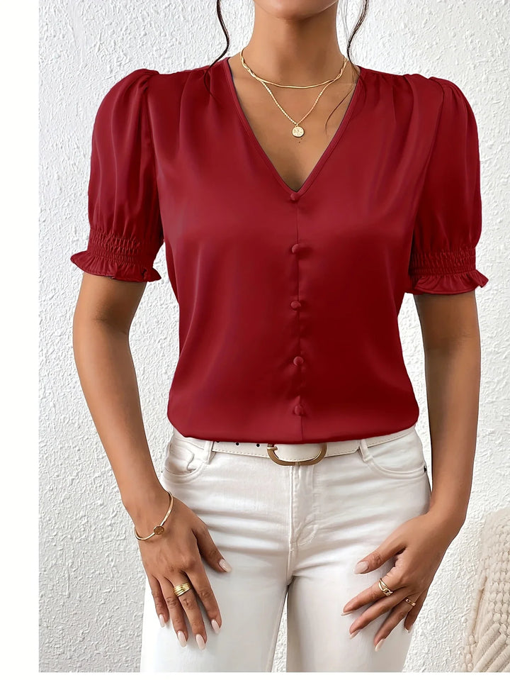 Abella - Elegant V-neck And Puff Sleeve Blouse