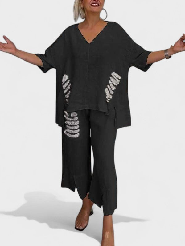 Raisa - V-Neck Two Piece Set For Summer