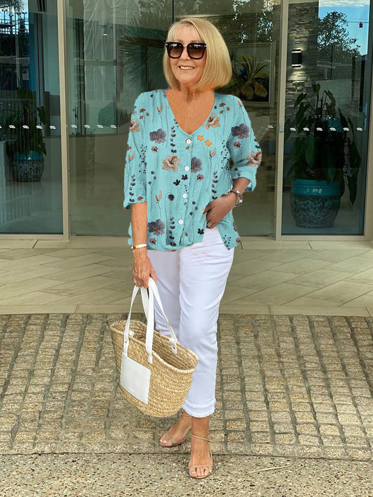 Teresa - Elegant Floral Blouse With Button