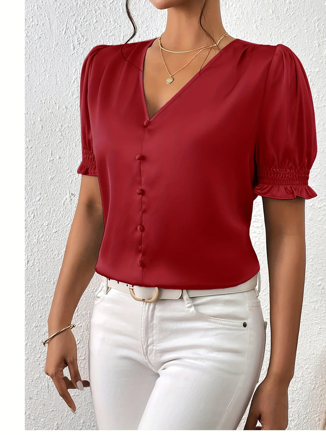 Abella - Elegant V-neck And Puff Sleeve Blouse