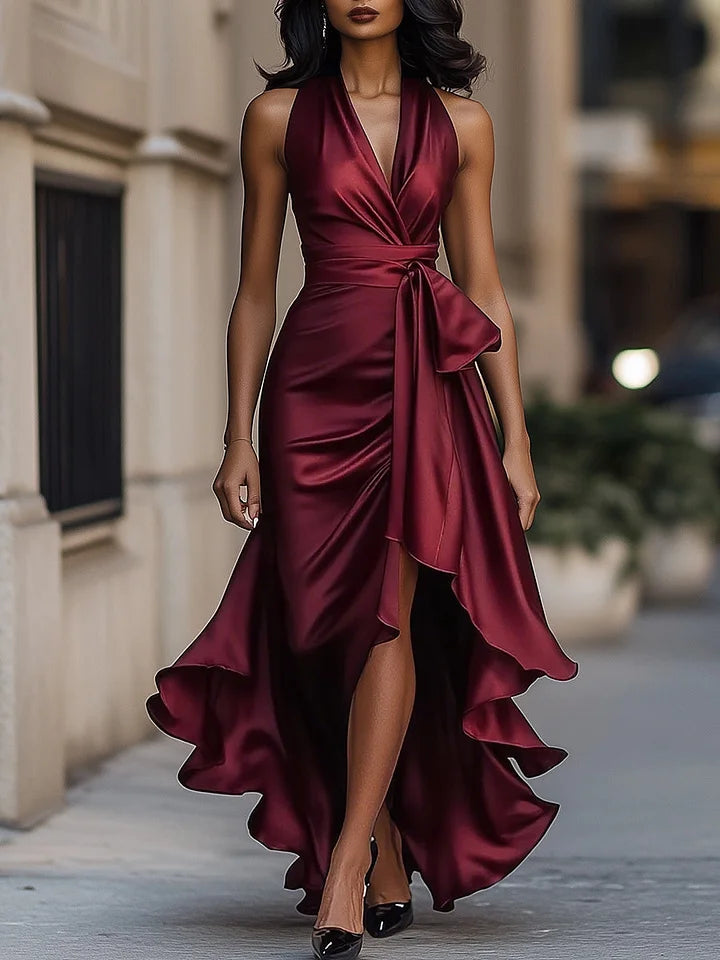 Sharipova - Elegant Satin Strapless Ruffle Dress