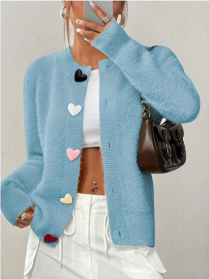 Smelissa - Heart Button Long Sleeve Knitted Cardigan