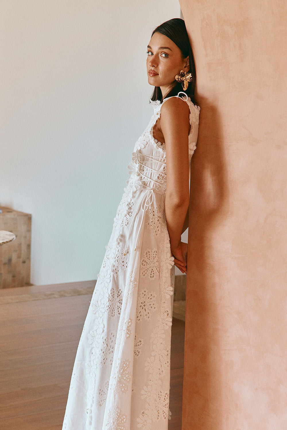 Loreina - Embroidered Flower Trim Maxi Dress