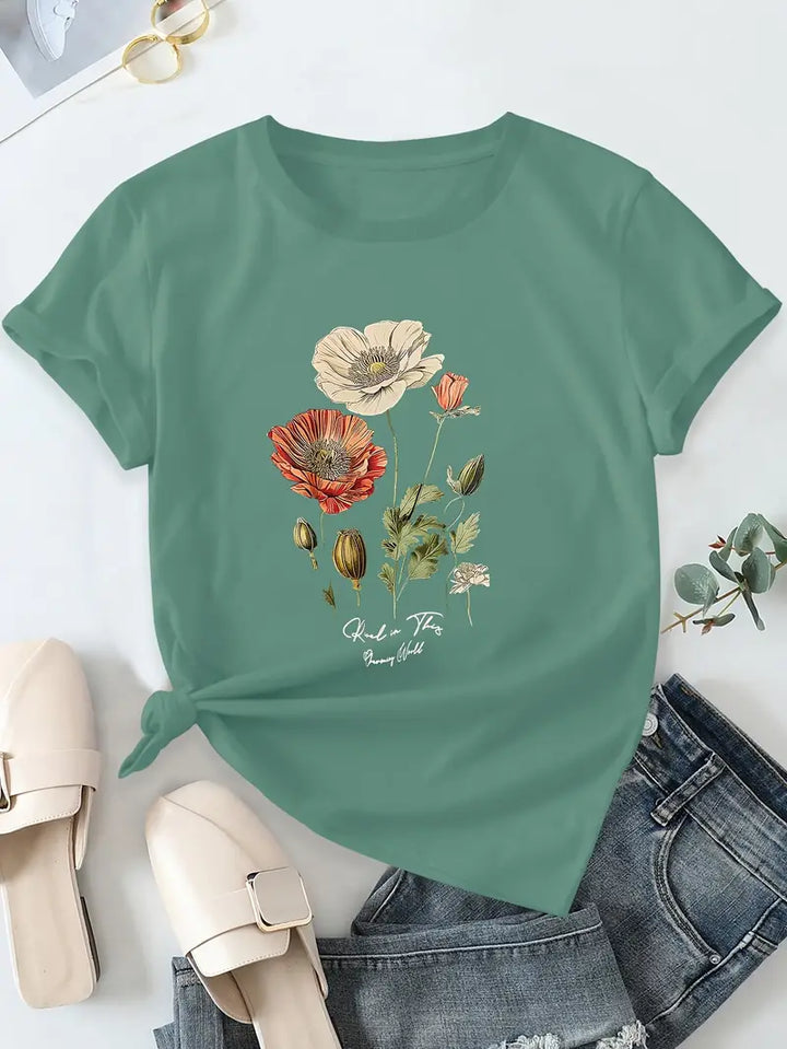 Aimilia - Elegant Short Sleeve T-Shirt With Floral Print