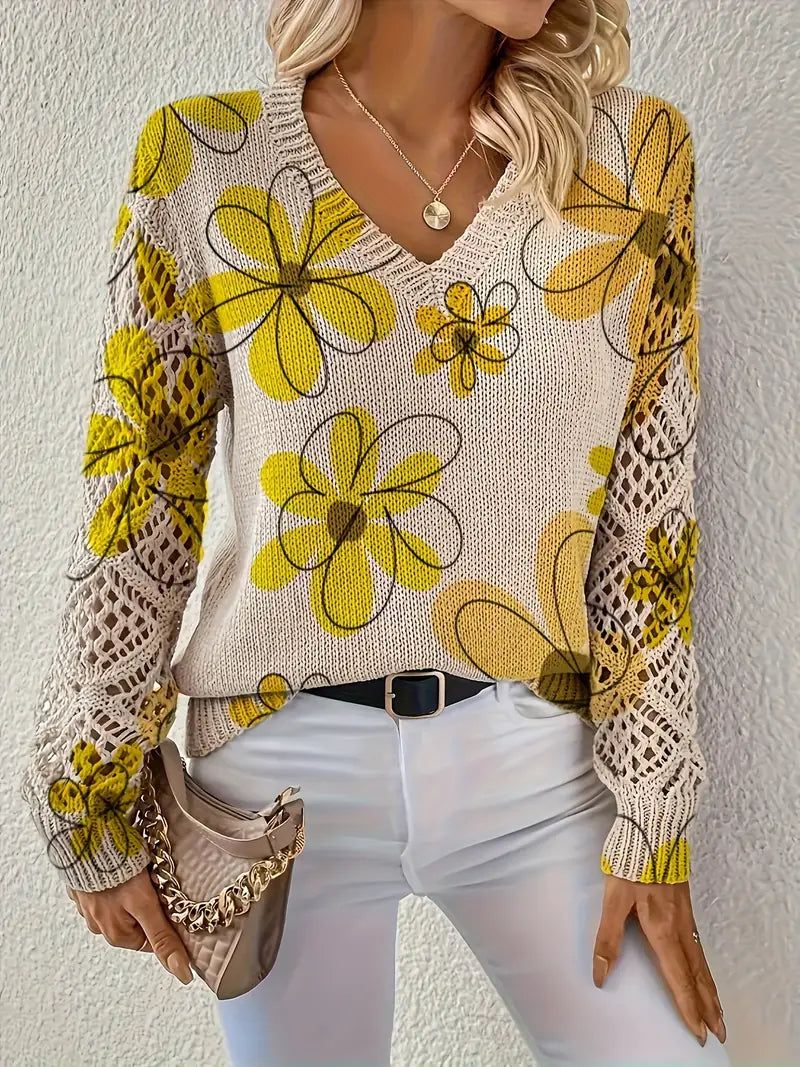 Marzena - Elegant Long Sleeve Sweater With Floral Print