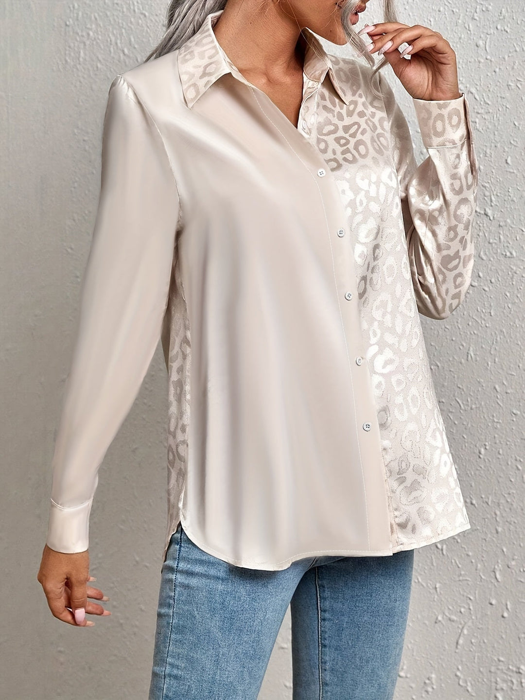 Gwendolyn - Leopard Print Jacquard Two-Tone Satin Button-Up Shirt
