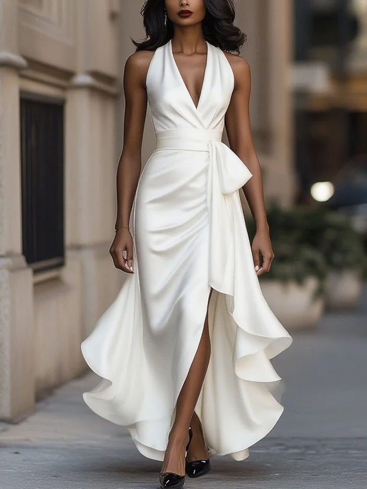 Sharipova - Elegant Satin Strapless Ruffle Dress