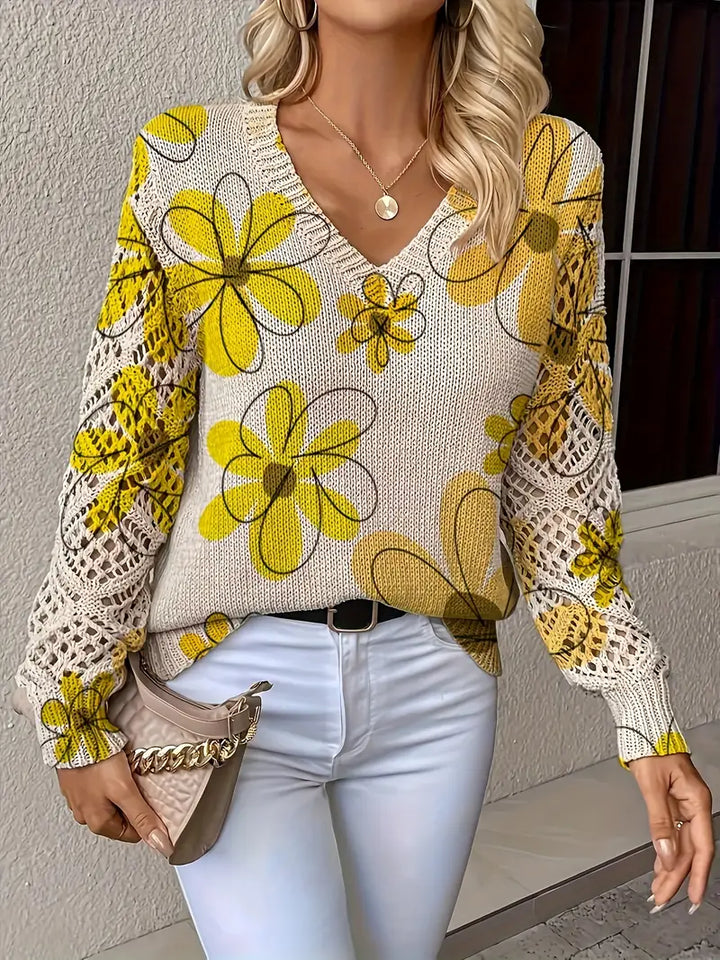 Marzena - Elegant Long Sleeve Sweater With Floral Print