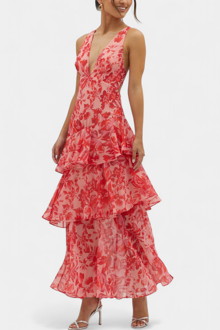 Kensie - Chiffon Dress With V-Neckline And Flowing Layers