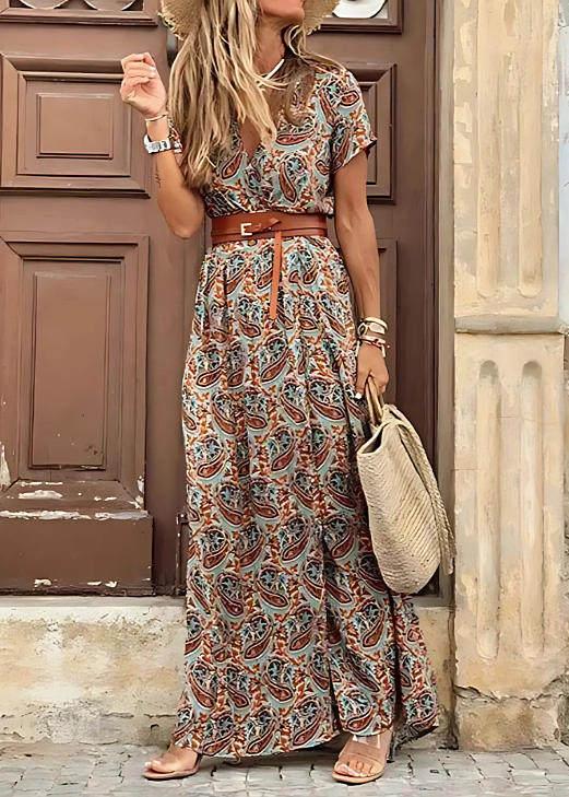 Briony - Elegant Paisley Print And Belted Long Dress