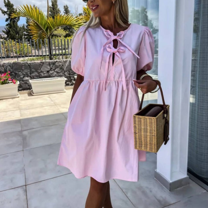 Oana - Stylish Dress With Bow Tie And Puff Sleeves