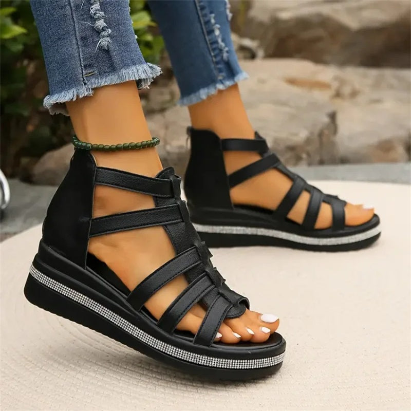 Queena - Rhinestone Wedge Sandals