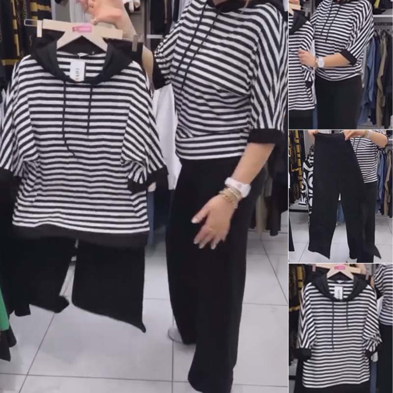 Dwiska - Stripped Top And Solid Pants Set