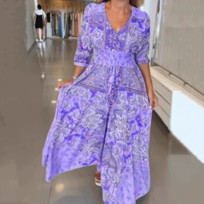 Aliye - Elegant Floral Drawstring Long Dress