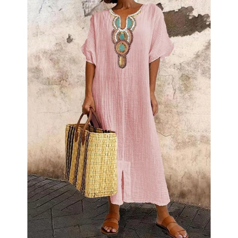 Lioba - Casual Linen Embroidered Split Dress