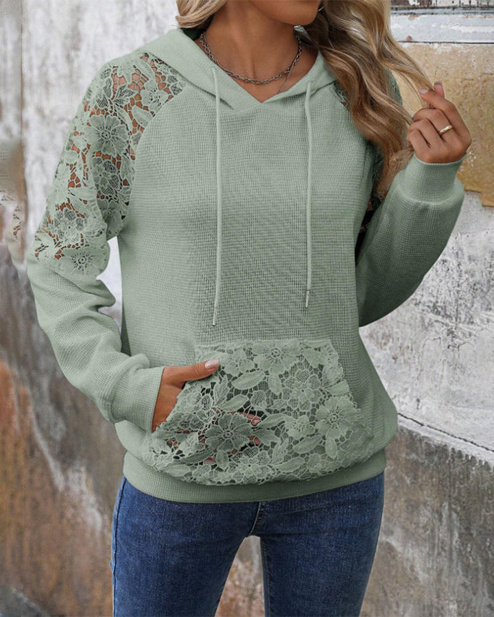 Laessa - Floral Laced Hoodie With Front Pocket